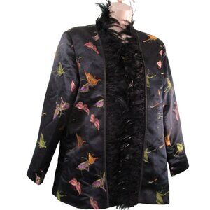 Kamis Black Multi Color Butterfly Jacket Feather Trim Rayon Satin Med GUC